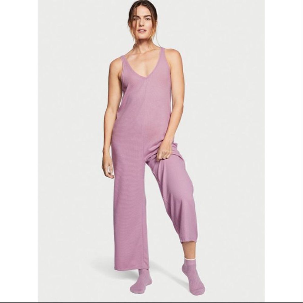 Victoria's Secret Waffle Knit V Neck Jumpsuit Pajamas Lavender Purple Medium